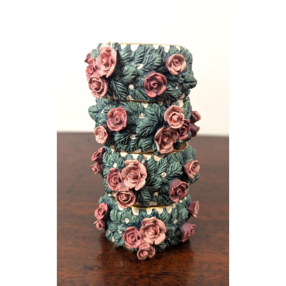 Vintage Set of 4 Floral Rose Napkin Rings Resin Cottagecore Shabby Chic Pink